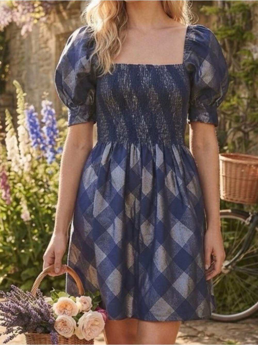 Hill House  Navy Plaid Puff-Sleeve Dress